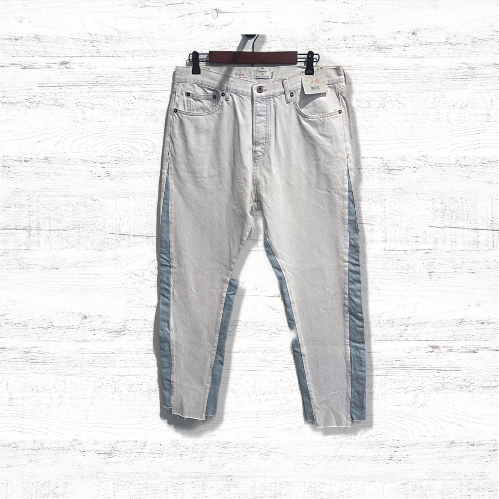 TopMan Tapered White with Blue Stripes 5 Pockets Design Jeans Size 36x34